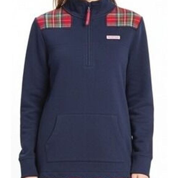 Vineyard Vines Navy w/ Red Tartan Plaid Trim Quarter Zip T-Shirt sz XL - Picture 2 of 4